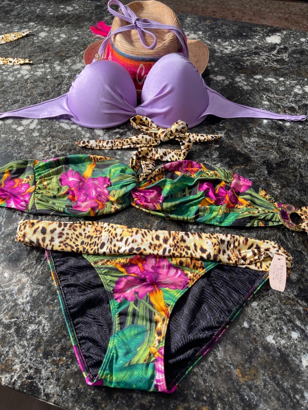 Like new 3 piece set vintage Victoria Secret bikini set 36D/L tops and M bottoms